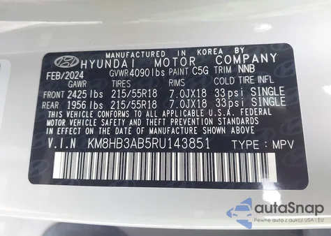2024 Hyundai Kona Sel from USA, damaged, VIN KM8HB3AB5RU143851